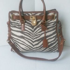 Michael Kors "Hamilton" Zebra Print Canvas & Leather Trim Tote